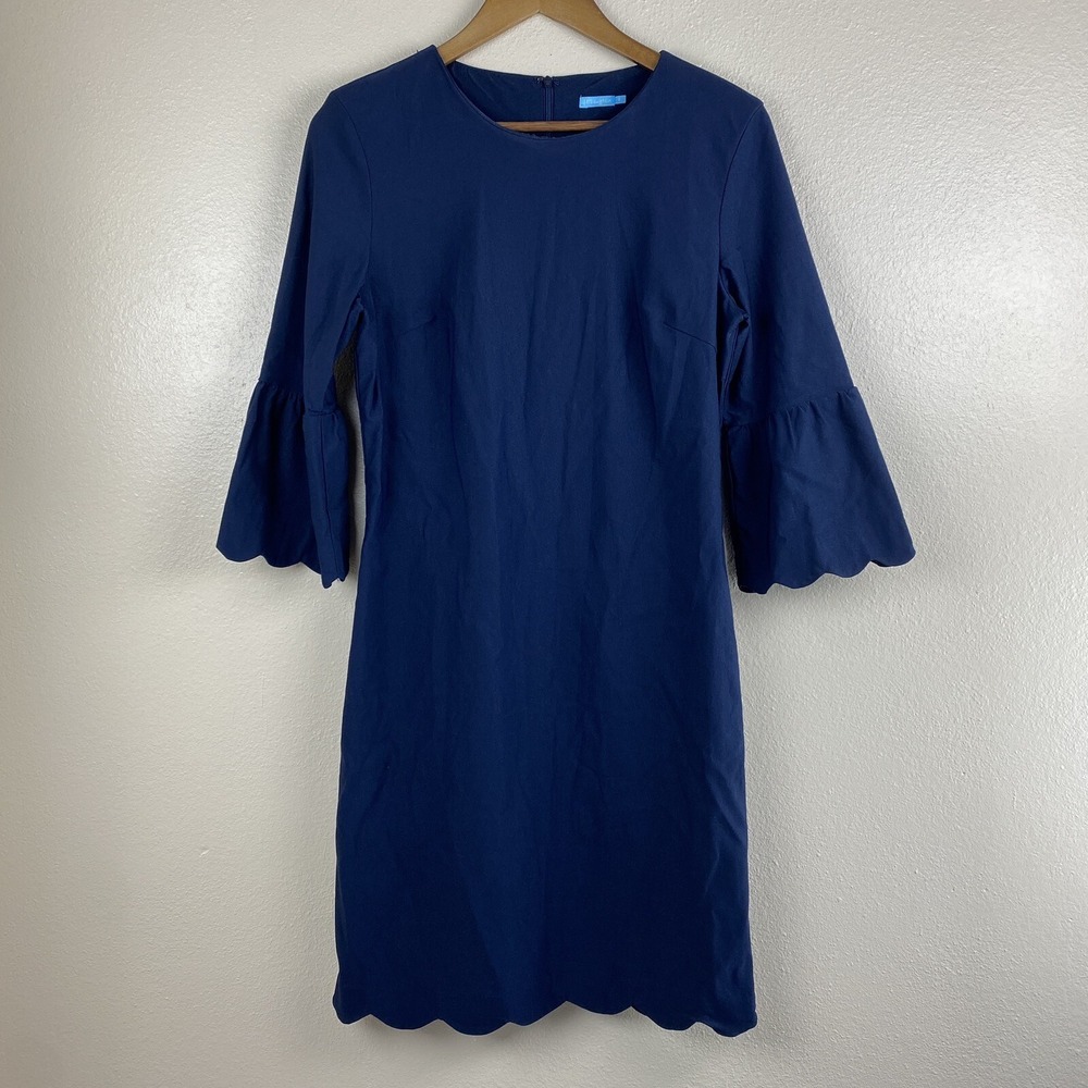 J McLaughlin 8 Elle Short Dress Navy Blue Shift Scallop Hem Old Money Preppy